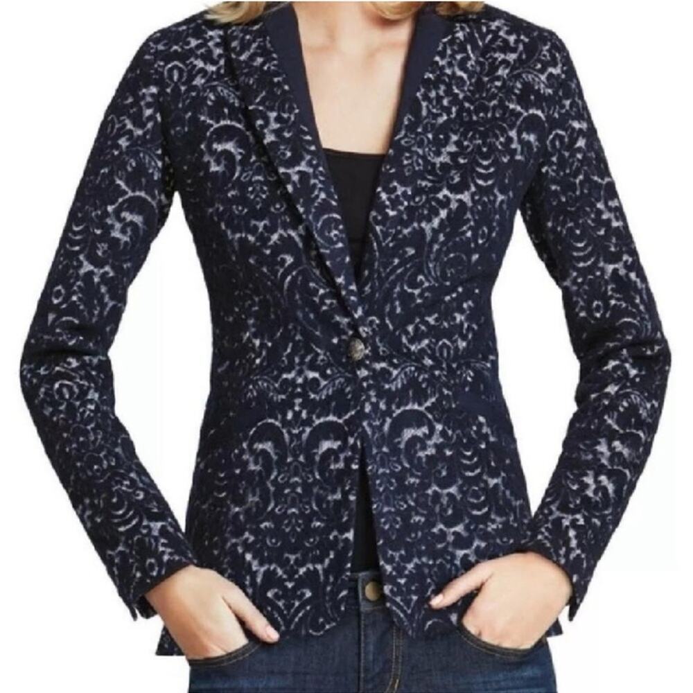 Cabi #109 Brocade Navy Blue Floral Jacquard Print Single Button Blazer Size 6